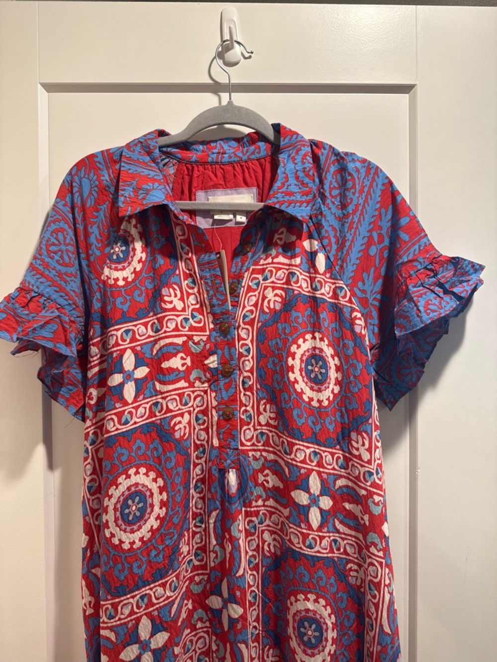 NWT Anthropologie Boho Red/ Blue Motif Midi Shirt Dress Size M - Picture 3 of 16